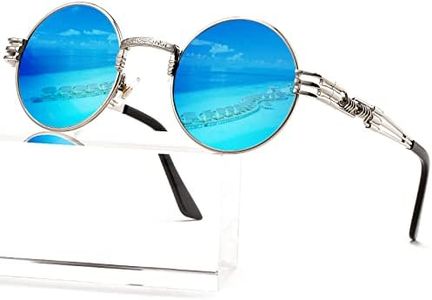 AIEYEZO Round Steampunk Sunglasses Circle Lennon Hippie Glasses Metal Frame 100% UV Blocking Lens, Silver/Ice Blue Mirror, MM