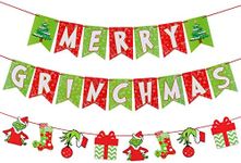 Red Green Merry Grinchmas Banner and Grinches Garland, Grinches Christmas Decorations,Grinchmas Christmas Decorations Supplies, Grinches Christmas Decor for Xmas Home Fireplace Mantle