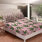 Feelyou Marijuana Leaf Bed Sheets Pink Cannabis Leaves Bed Sheet Set for Girls Women Adults Marijuana Weed Green Leaf Bedding Set Botanical Hemp Fitted Sheet Bedroom Collection 3Pcs Full Size