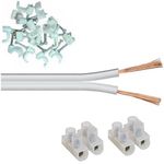 electrosmart Speaker Cable Extension Kit suitable to Extend Speaker Cables – Kit Includes White 2x 13 Strand Loud Speaker Cable - White Speaker Cable Clips - Speaker Cable Joining Block (5m Kit)