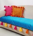 Teal Blue Sofa Cover Multicolor Tassels :Kid-Friendly 2 Seater Sofa Cover: Durable, Washable Fabric, Scratch Resistant: Seat & Front Back Protection -Set of 3 Covers- Fits: 3+1+1 Seater