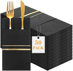 50 Pack Dinner Napkins Disposable Linen Feel Dinner Napkins with Built-in Flatware Pocket Gold Trim Lined Pre Folded Napkins Cloth Like Paper Napkins for Wedding Dinner Party (Black,Gold)