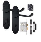 Golden Grace Victorian Shaped Backplate Scroll Style Bathroom Door Handle 170mm X 40mm Matt Black with Black Bathroom Mortise Lock Set with 1 Pair of 3" Ball Bearing Hinges