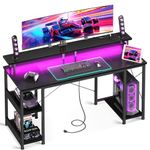 ODK Gaming Desk with Led Lights & Power Outlet, 55 Inch Gaming Computer Desk with Storage Shelves, PC Desk with Monitor Stand, Gamer Desk Table for Home Office, Black