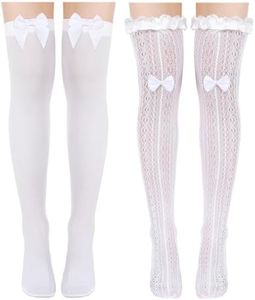 Suhine 2 Pair Oktoberfest Socks Lace Trim Ruffle Long Socks and Satin White Stockings for Women Girls, Bow, One Size