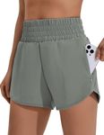 PINSPARK Women Athletic Shorts Quick Dry Running Short Workout Gym High Waisted Sports Wear with Zip Pockets, Grey Sage, Small