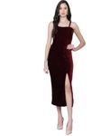 Vaararo Bodycon Party Dress for Women with Flattering Cut | Shiny Velvet Fabric Sleeveless Spaghetti Strap Stylish Casual Outfit Maroon Medium