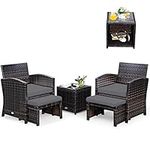 Tangkula 5 Pieces Patio Rattan Furniture Set, Outdoor Conversation Set with Cushioned Chair & Ottoman & Tempered Glass Coffee Table, All Weather Patio Sofa Sets for Garden, Backyard, Poolside (Grey)