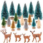 16Pcs Mini Christmas Tree with 4Pcs Christmas Reindeer Forest Animal Figures Toys Set Bottle Brush Trees Tabletop Trees Realistic Deer Toys Crafts DIY Room Ornaments for Christmas Holiday Party Decor