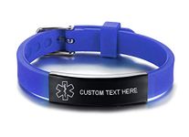 VNOX Customisable Blue Silicone Stainless Steel Emergency Medical Alert ID Tag Adjustable Bracelet Bangle for Unisex Kid,Free Engraving