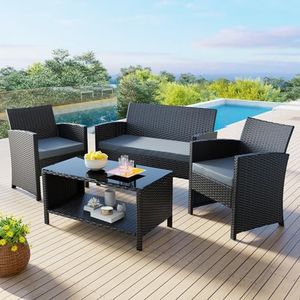 ALFORDSON Outdoor Patio Furniture 4pcs Conversation Set, Wicker 4 Pieces Lounge Chair & Glass Coffee Table Setting, Steel Frame Garden Rattan Sofa with Cushions, Black