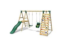 Rebo® Wooden Swing Set with Deck and Slide Plus Up and Over Climbing Wall - Moonstone Green | OutdoorToys | Sturdy Wooden Construction, Pressure Treated Timber