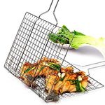 ONPRIX Portable Barbecue Mini Grill Net Basket Stainless Steel Roast Grilling Tray Chromium Plated with Heat-Resistant Removable Wooden Handle for Fish, Vegetables, Steak, Shrimp, Chips and Other Food