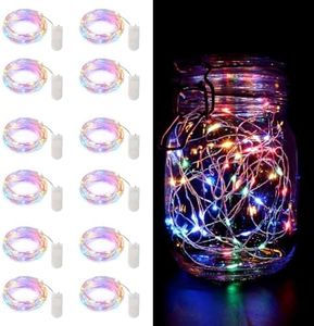 12 Pack -Fairy Lights Battery Operated 2M 20 LED Mini String Lights Twinkle Lights Copper Wire Firefly Starry Lights for Mason Jars Wedding Party Christmas Lights Table Decorations, Colored