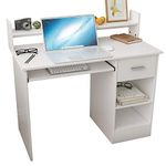 DlandHome Computer Desk Writing Desk with Keyboard Tray, Drawer and Shelf, Wooden Home Office Desk Workstation Table, White