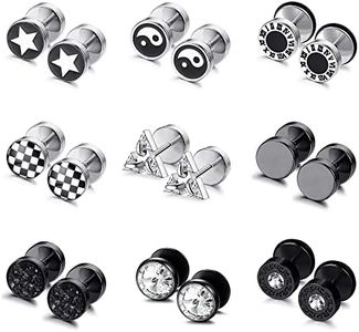 JOERICA 9 Pairs Fake Gauge Earrings for Men Women 316L Stainless Steel Yin Yang Triangle Stud Earrings Round Cheater Plug Earrings Faux Gauges Ear Tunnel, Stainless Steel, Cubic Zirconia