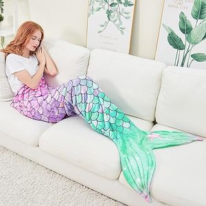 WERNNSAI Mermaid Blanket Adults - Soft Mermaid Blanket 160 x 70 cm Soft Flannel Mermaid Portable Blanket Sofa Blankets for Teenagers Birthday Gift (Pink & Green)