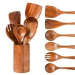 Decorlay Natural Handmade Wooden Spoon Set For Cooking, Serving & Kitchen Utensils Wooden Spatula Non-Stick Spoons | Set Of 6 Spoons & 1 Jar - 30.48 Cm