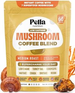 Organic Low-Caffeine Mushroom Coffee (60 Servings) with 7 Superfood Mushrooms, Great Tasting Instant Coffee, Includes Lion's Mane, Reishi, Chaga, Cordyceps, Shiitake, Maitake, and Turkey Tail