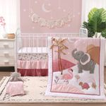 The Peanutshell Safari Crib Bedding Set for Girls, 4pc Organic Cotton Crib Comforter Set, Jungle Swan Elephant Nursery Decor, Pink, Grey, White, Tan