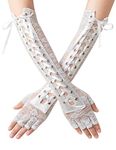 BABEYOND Lace Up Fingerless Gloves Long Elbow Gloves for Costume Party Lace-up Arm Warmer Gloves (Lace-White)