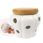 MAYMII·HOME 550ml 4.3x4.3x3.6(In) White Garlic Ginger Keeper Vented Ceramic Storage Container White Stoneware with Bamboo Lid