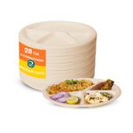 ECO SOUL [11 inch, 100 Pack, 4-Compartment Disposable Bagasse Plates | Eco-Friendly, Biodegradable, Sugarcane Paper Plates | for Serving Dinner | Birthday, Wedding & Party | Round, Beige (28 cm)