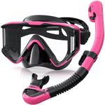 Zeligerstar Snorkel Set Adults, 3 Window Panoramic View Snorkel Mask Anti-Fog, Leak-Proof Snorkeling Mask with Mesh Bag, Dry Top Mask and Snorkel Set for Adult and Teens (Rose+Black)