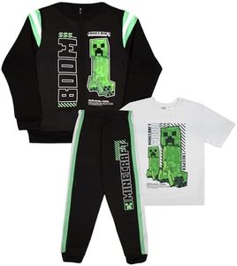 Minecraft Creeper Boys 3 Piece Pants Set - Zip Up Tracksuit, Short Sleeve T-Shirt, and Active Jogger Sweatpants Bundle Set, Black/White, 7