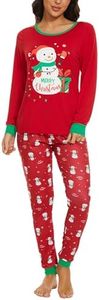 VENTELAN Womens Christmas Pajama Set Long Sleeve Pajamas Top and Pants Crew Neck 2 Piece Pjs Lounge Set Soft Sleepwear,Red Snowman,XS