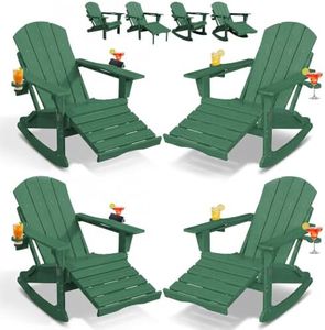 PLUUV Folding Adjustable Adirondack Rocking Chair Set of 4 with Retractable Ottoman and Cup Holders, Outdoor HDPE Adirondack Rocker Patio Chair, Wood-Like Reclining Adirondack Chair, Dark Green