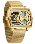 MEGALITH Watches Mens Gold Stylish: Steel Stainless Large Face Square Multi-Time Zone - Analogue Digital Wrist Watch