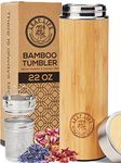 LeafLife Sustainable Bamboo Tumbler with Tea Infuser & Strainer 22oz - Keeps Liquid Hot Cold for 12 Hrs Vacuum Insulated Stainless Steel Travel Mug Bottle Loose Leaf Coffee, Silver