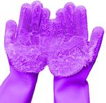 Dishwashing Cleaning Sponge Gloves,1 Pair Reusable Silicone Brush Heat Resistant Scrubber Gloves for Dish Washing, Kitchen Bathroom Cleaning, Pet Bathing, Car Washing. 2PACK (13.6" Large) (Purple)