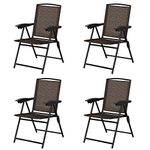 COSTWAY Set of 4 Folding Patio Chairs, Height Adjustable Garden Dining Seat with High Back, Armrests and Footrest, Portable Outdoor Camping Chair for Picnic Beach BBQ Party