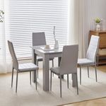 Redd Royal Grey Wood Dining Room Table and Chairs Set of 4 for Small Space, 5 Pieces Compact Square Kitchen Table with 4 Seater Chairs Space Saving (4 Grey Leather Chairs, Grey Table)