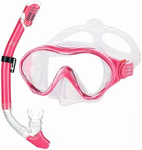 Kids Snorkeling Gear Dry Snorkel HHAO Sport Kids Snorkel Set Junior Anti Fog 180° Panoramic View, Swim Goggles with Nose Cover Scuba Diving Mask for Boys Girls, 4-15 Yrs Old (Pink)