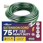 LifeSupplyUSA 75ft Heavy-Duty 14 Gauge Power Extension Cord with Lighted End, 3 Prong SJTW, 13 AMP, 125V, 1625W, ETL Listed, Ideal for Outdoor and Indoor Use, Durable and Flexible, Green