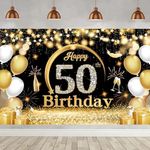 Happy 50th Birthday Party Banners,Birthday Party Decoration Extra Large Fabric Black Gold Sign Poster for Anniversary Photo Booth Backdrop Background Banner, 72.8 x 43.3 Inch