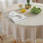 Plenmor Cotton Linen Tablecloth for Round Table Stripe Tassel Round Table Cloth Dust-Proof Table Cover for Kitchen Dinning Tabletop Decoration (Round, 150cm, Beige)