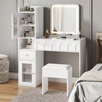 Jooli H Dressing Table with Mirror and Stool, Vanity Makeup Desk with Adjustable LED Lights, 3 Drawers and 2 Large Storage Cabinets for Bedroom, White