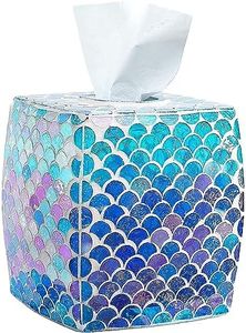 WHOLE HOUSEWARES | Mosaic Glass Tissue Holder | Tissues Cube Box Holder | Decorative Tissue Cover | Bathroom Accessory | Square Box Glass Tissue Case (Mermaid)