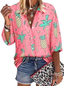 ZXZY Women Pineapple Printed Lapel Collar Half Sleeves Buttons Down Blouse Shirt