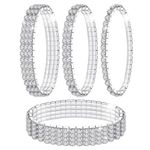 4PCS Rhinestone Stretch Bracelets, Kucheed Twinkle Diamond Tennis Bangle, Silver Crystal Sparkling Bridal Stackable Bracelet Jewelry, Bling Wedding Party Elastic Band Bracelets for Women (B2)