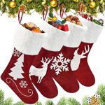 Corsehild Christmas Stocking Set of 4, 18 Inch Large Xmas Stockings Red Personalised Stocking Xmas Sock Sack Gift Bag Hanging Candy Pouch Bag Ornaments for Fireplace Decor - Snowflake Tree Reindeer