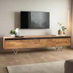 DEMIWALL Furniture Wooden Entertainment Tv Unit for Living Room | TV Stand/Tv Cabinet with 4 Drawers | Solid Wood Sheesham,Metal Leg, Netural Teak Finish