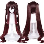 Hu Tao Wig Brown Hu Tao Cosplay Wigs with Elf Ears & Wig Net Cap, Women Girls Dark Brown Ponytails Heat Synthetic Fiber Hair for Game Anime Cos Halloween Costume Party