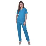 FRENCH TERRAIN® UNISEX V-NECK PREMIUM POLYESTER COTTON MULTI POCKET MEDICAL SCRUB SUIT FOR DOCTORS, TOP AND BOTTOM WITH 14 POCKETS, SIZE 36 - S, TURQUOISE.