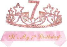 7th Birthday Sash and Tiara for Girls - Fabulous Glitter Sash + Stars Rhinestone Pink Premium Metal Tiara for Girls, 7th Birthday Gifts for Princess Party