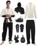 7 Pcs Men's Renaissance Costume Medieval Pirate Shirt Ankle Banded Pants Viking Costume Accessories Set(Black, Medium)